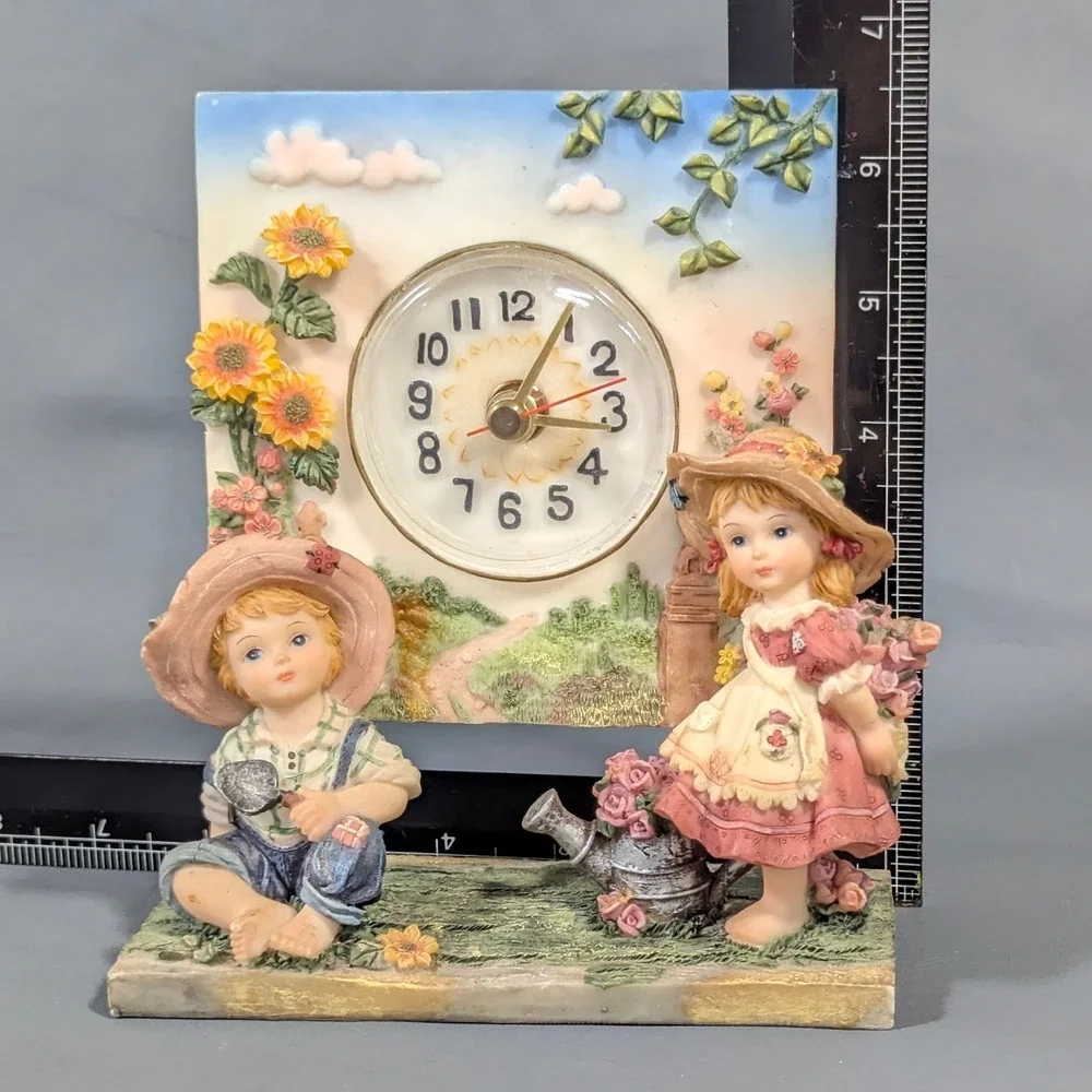 Vintage Resin Garden Boy Girl Figurine Desk Clock Sunflower 3D Decor - Picture 2 of 5